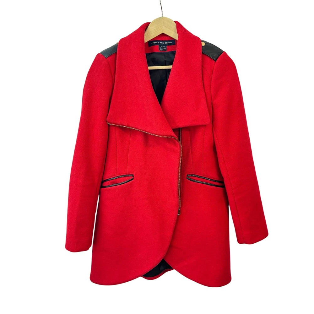 French Connection Red Wool Blend Asymmetrical Zip Moto Jacket Womens size 4‎
